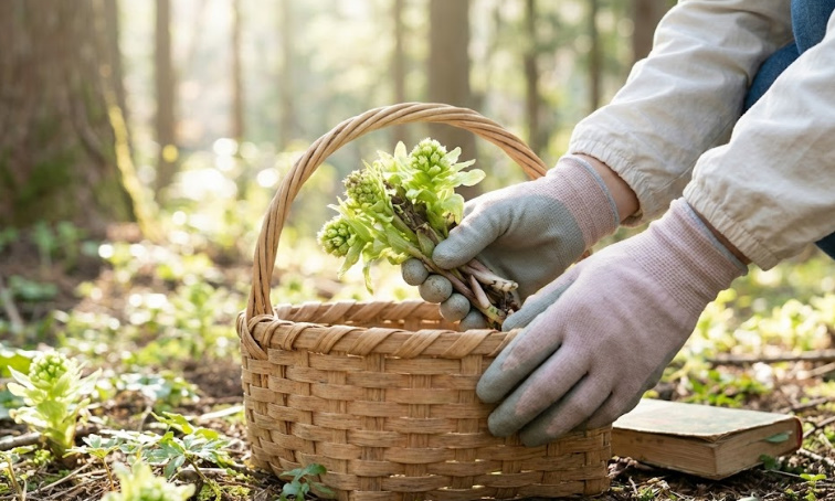 木漏れ日の森で、手袋をした人が優しくフキノトウをカゴに入れている写真。